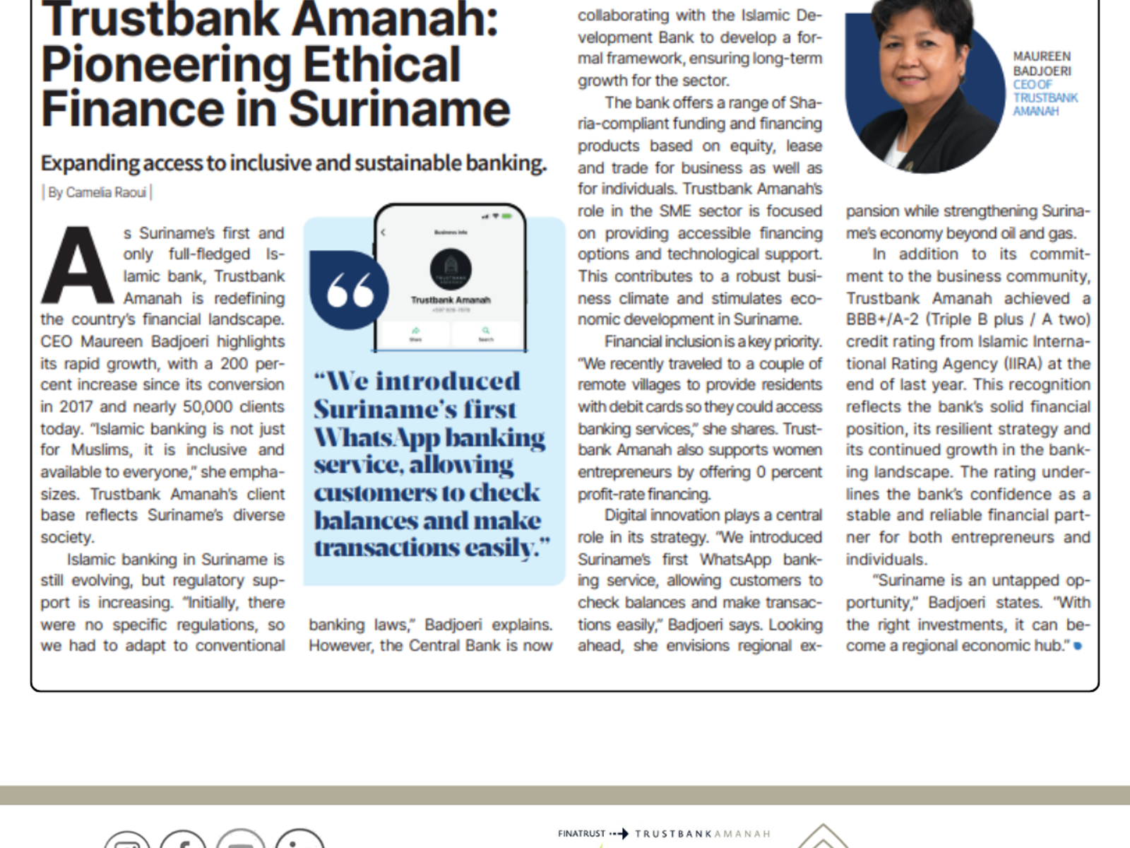 Trustbank Amanah opgenomen in Newsweek Country Report Suriname